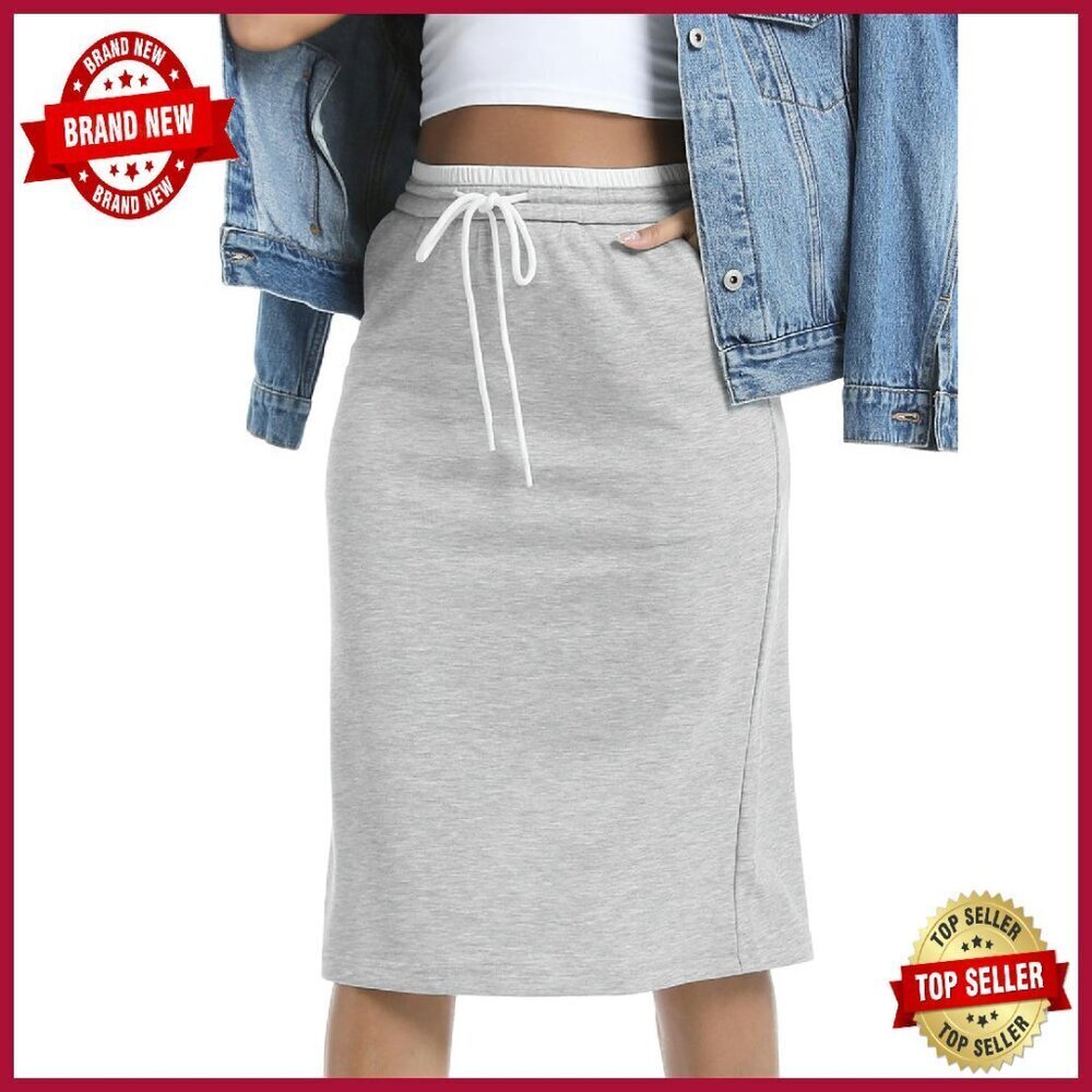 Midi Skirt with Drawstring Waist Back Slit Pockets Polyester Cotton